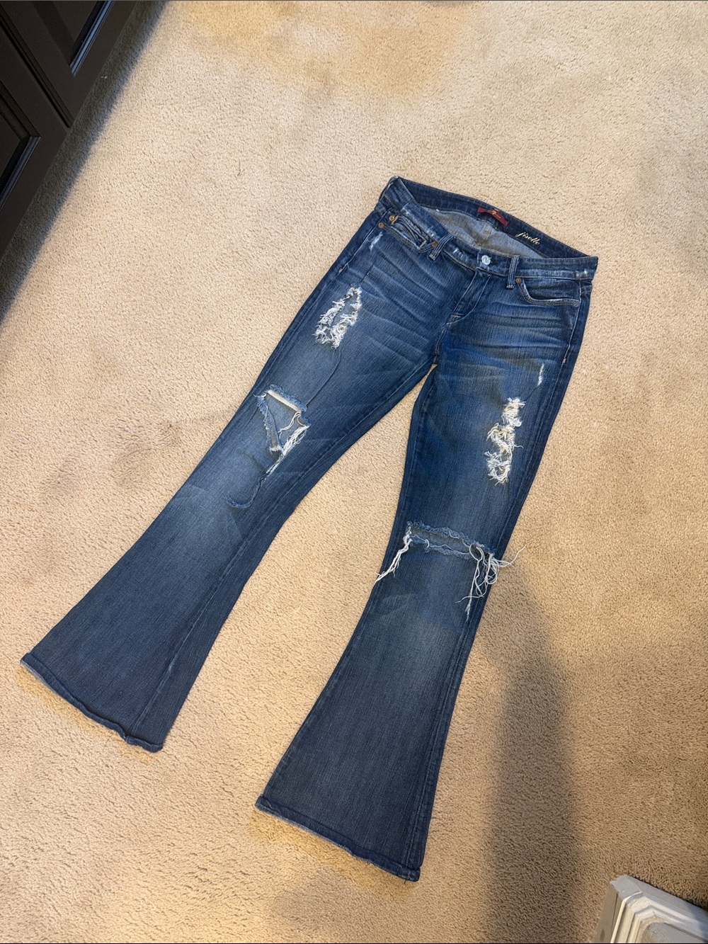 7 For All Mankind Dark Blue Distressed Flare Jeans